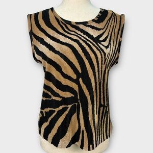 Plisse VINTAGE Animal Print Top Women Sleeveless Blouse Y2K Crinkle Stretch L
